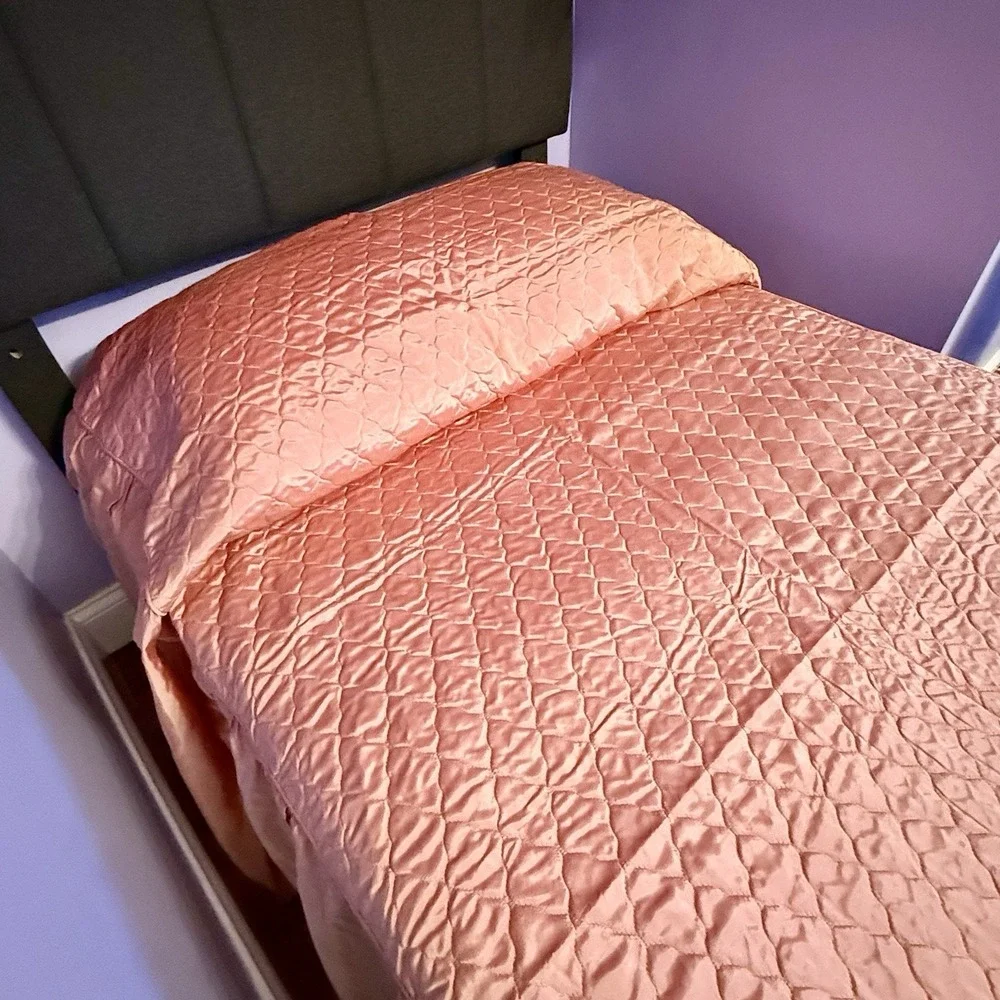VTG 50s MCM Hollywood Regency Pink Quilted Top Ruffle Sides TWIN Bedspread Sham